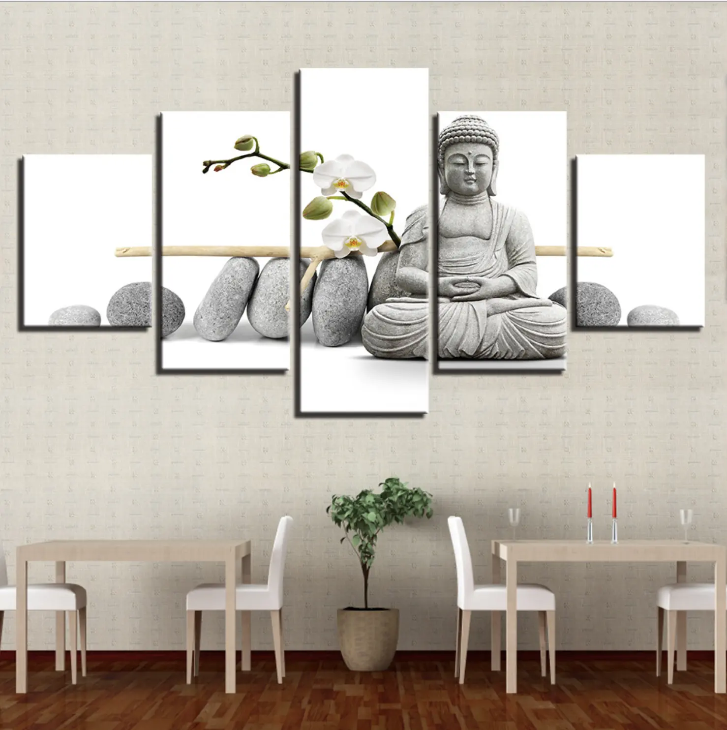 Modern 5 Pieces Buddha Art Zen Stone Butterfly Orchid Picture Printed Painting on Canvas For Living Room Home Decor