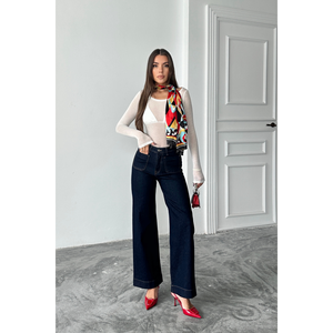 Jeans Azul Marino con Detalle de Bolsillo Delantero, Pantalones Ajustados de Cintura Alta, Talla Grande, Estilo Y2K, Ajustados, Largos, Estampados, de Mezclilla, con Corte Holgado - Product Image 6