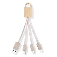 Câble de charge tressé USB Type-C 4-en-1 écologique avec support en bambou et porte-clés pour appareils photo, téléphones mobiles et batteries externes - Promotionnel