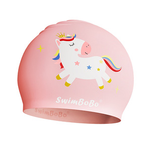 SwimBoBo Bonnet de bain en silicone pour enfants, motif poney rose, design de dessin animé, imperméable, protection des oreilles - Product Image 1