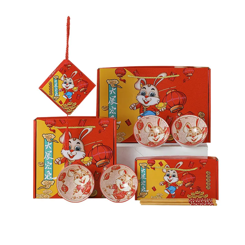 Redeco Chinese Style Rabbit Bowls Dinner Plates with Chopsticks Traditional Bowl Set Ceramic Bowl Gift Set For Chinese New Year