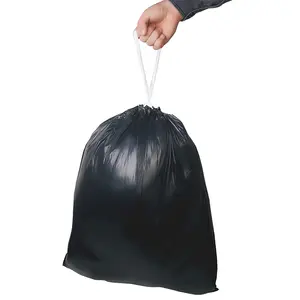 Custom industrial disposable dustbin pe plastic bag plastic black drawstring handle trash dustbin garbage bag for bin dustbin