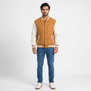 FINER THREADS Winter Men's Varsity Jacket 100% Cotton Stand Collar Breathable <b>Covered</b> <b>Button</b> Closure Casual Style - Product Image 1