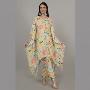 Conjunto de caftán estampado multicolor con adornos de perlas, diseño étnico y elegante para mujer. - Product Image 1