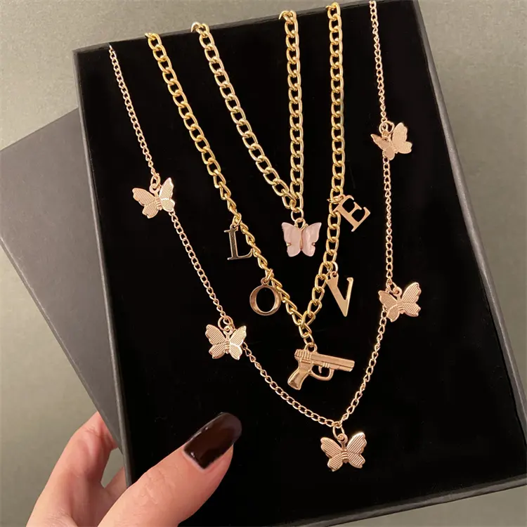 VKME 2022 Korean Fashion Charm Multilayer Gold Chain Crystal Gun Butterfly Pendant Necklace For Women Girls