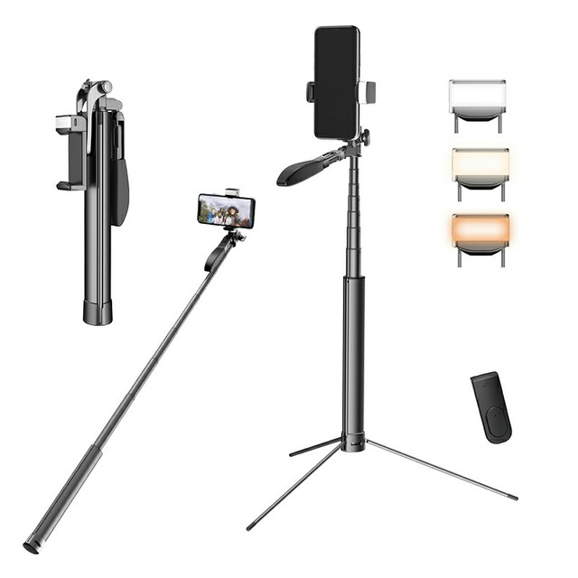ADYSS 1.7M Small Portable Photo Tripod All Metal Selfie Stick Fold Remote Fill Light 360 Rotation Sub-handle Tripod Stand