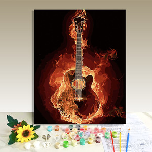 Paint by Numbers Guitar in Flames Canvas Art Kit Rectangle Abstract Handpainted DIY Oil Painting for Adults Kids No Skill Needed - Product Image 1