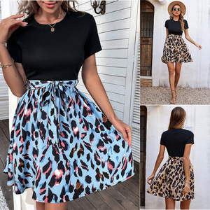<span class=keywords><strong>Robe</strong></span> T-<span class=keywords><strong>shirt</strong></span> mi-longue décontractée pour femme, motif léopard color block, à manches courtes, col rond, taille à nouer, coupe trapèze fluide style skater 2026 - Product Image 3