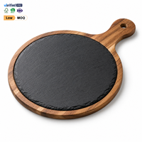 Plateau de service en bois d'acacia et ardoise noire naturelle pour steak, sushi, pizza, fromage et repas en restaurant