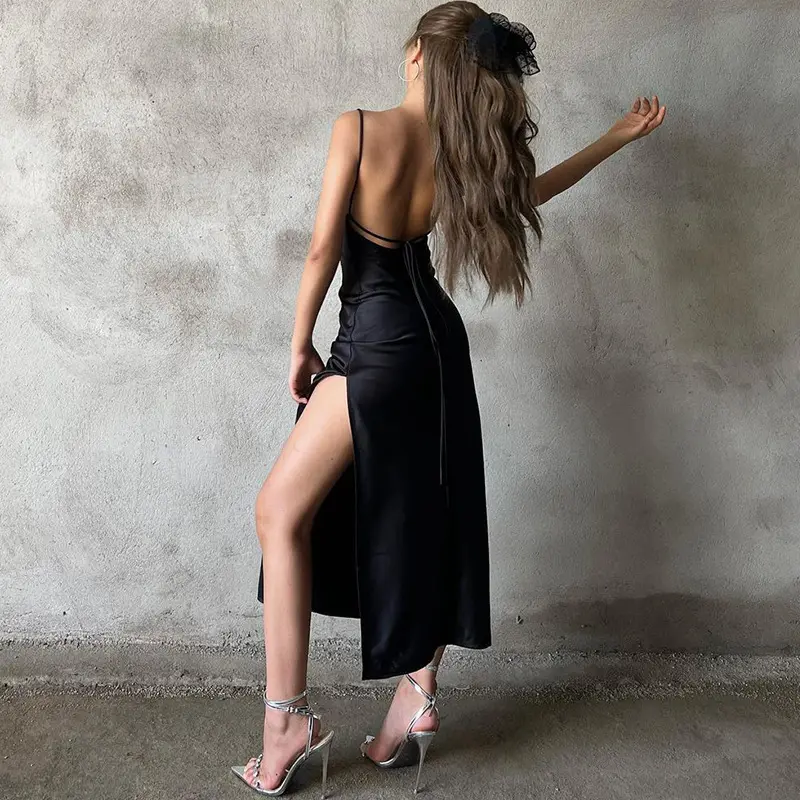 Kadın giyim sonbahar yeni moda seksi backless dantel up bölünmüş elbise toptan