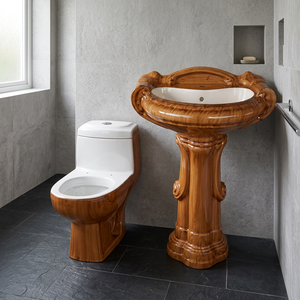WC monobloc moderne en céramique, design en bois blanc bicolore, avec double chasse d'eau pour salle de bain - Product Image 4