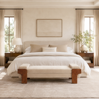 Banc de chambre pratique en chêne vintage américain, ottoman rembourré pour le pied de lit, élément de design intérieur de luxe pour suite parentale
