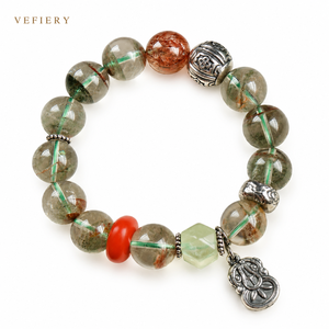 Bracelet extensible perlé en agate verte naturelle, agate rouge et quartz à inclusions noires pour femme, vente en gros de bijoux - Product Image 1