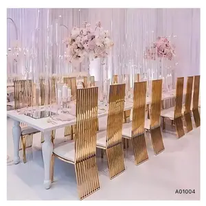 Cadeira de aço inoxidável luxuosa moderna com encosto alto dourado para noivos, banquetes de casamento, festas, eventos, móveis de hotel