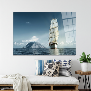 Printed <b>Canvas</b>: Coastal Sailing Ship <b>Wall</b> Art - Elegant Seascape Decor,TEMPERED GLASS ART - Product Image 3