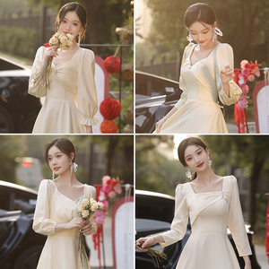 Bridesmaid Dress Long Sleeve Champagne Satin A-Line Sweetheart Neckline Natural Waist 2025 Spring Summer Wedding Party Wear - Product Image 2