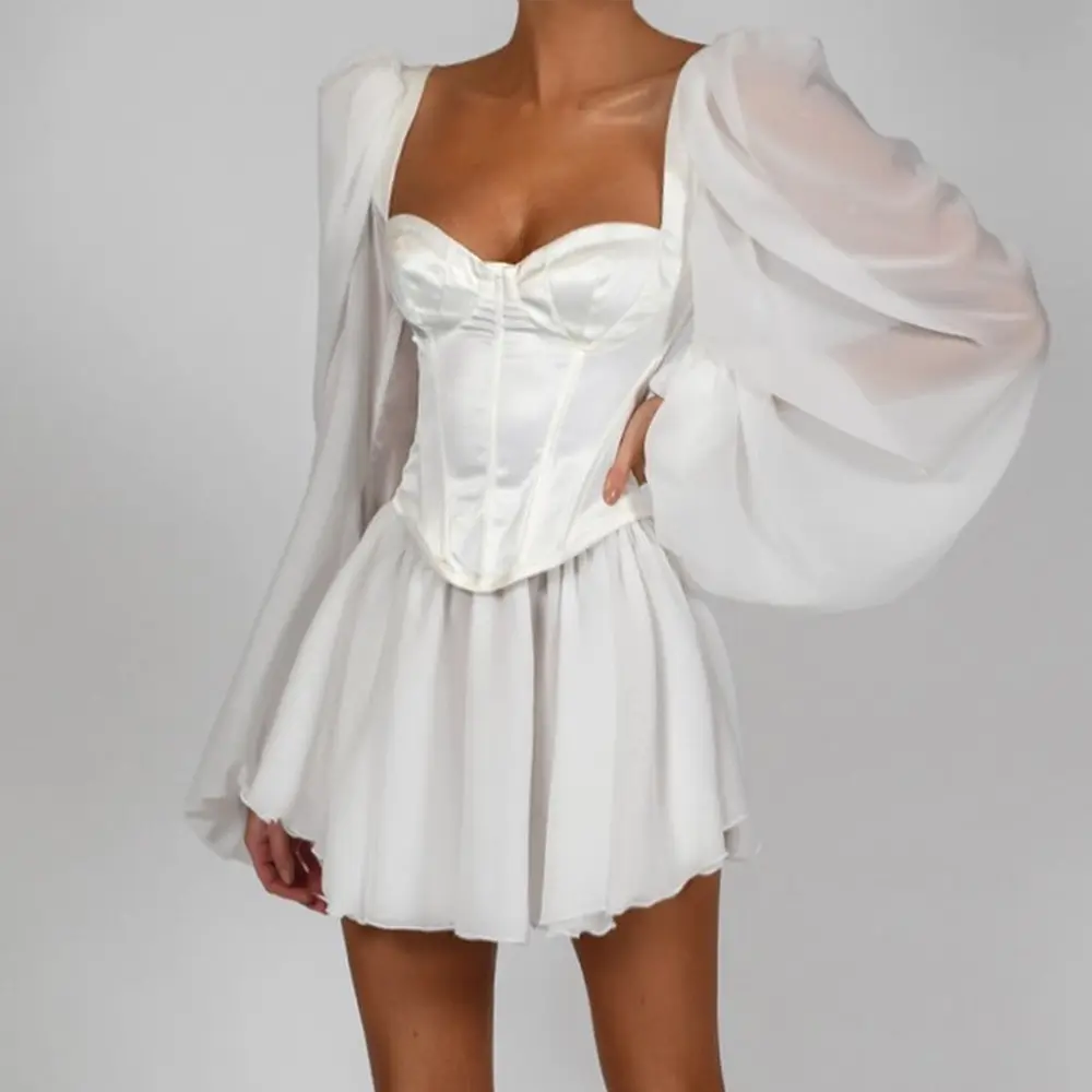 2023 Elegant Puff Sleeve Dress Wholesale Spring Fashion Women OL Style Flare Chiffon Dress