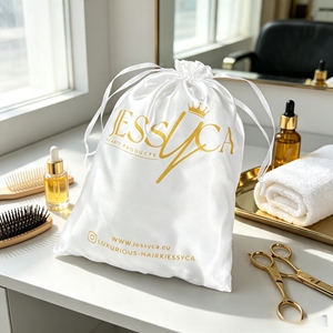 Pochette en satin blanc de luxe avec cordon de serrage, impression personnalisée du logo en or, sac de rangement en satin pour perruques, extensions de cheveux, emballage cosmétique - Product Image 1