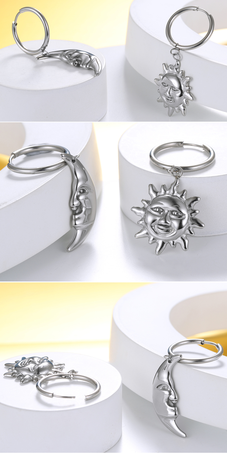 wholesale fashion hip hop jewelry custom stainless steel sun and moon dangle drop hoop earring