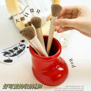 Plastic Makeup Brush Holder Round Cosmetic Storage Organizer For Desk Use Red And White Colors - Product Image 5