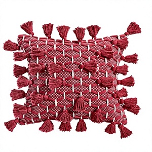 Único con borlas rojo bohemio Marruecos algodón copetudo fundas de almohada de lujo neutral decoración del hogar acento Fundas de cojín conjunto sofá - Product Image 1
