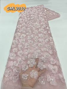 Exclusivo lujo <span class=keywords><strong>africano</strong></span> <span class=keywords><strong>blanco</strong></span> hecho a mano con cuentas y lentejuelas tela de encaje 3D lentejuelas flor tul tela de encaje para novia - Product Image 3