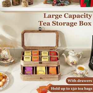Wooden Tea Bag <b>Storage</b> <b>Box</b> With Lid Two Layer Organizer Rectangle Shape For Tea Coffee <b>Storage</b> Bins - Product Image 5