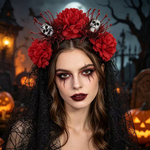 Diadema de tela hecha a mano con crisantemos de simulación de novia fantasma de Halloween para mujer, velo de calavera, pinza para el pelo, para fiesta de disfraces - Product Image 2