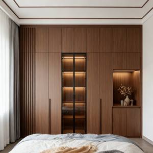 Armoire en bois de luxe sur mesure pour chambre à coucher, dressing intégré avec niche d'exposition en verre et coiffeuse intégrée - Product Image 4