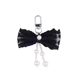 Lazo de encaje blanco y negro llavero bolsa encanto corazón femenino decoración cadena accesorio perla borla colgante - Product Image 5