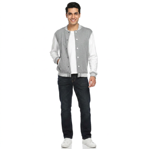 <b>Mens</b> Grey and <b>White</b> Varsity <b>Jacket</b> Contrast Sleeves Solid Collar Cuffs Hem Zipper Front Casual Outerwear Waterproof Knitted - Product Image 1