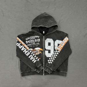 Sweat à capuche de haute qualité pour hommes surdimensionné personnalisé Boxy recadrée fermeture éclair lavé Vintage en détresse graphique strass techniques - Product Image 2