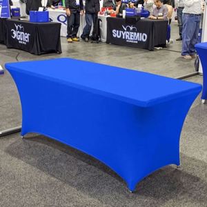 Housse de table personnalisée longue et pliable en spandex durable avec impression numérique bleue pour tables d'événements, salons professionnels et stands de vente - Product Image 4