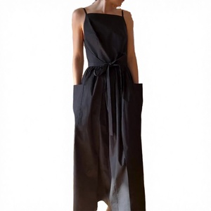 Black Square Neck Sleeveless Maxi <b>Dress</b> With Pockets Drawstring Waist Loose Fit Casual Solid Woven Cotton <b>Dress</b> For Women - Product Image 3