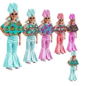 Оптовая продажа, детские костюмы Fuyu с цветочным принтом в ацтекском стиле, с коровьим принтом, с блестками и колокольчиком, одежда для девочек, комплекты детской одежды