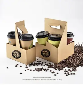 Customized Design Takeout Hot Drink Coffee Tea Cup Holder Cup Kraft Disposable Craft Paper Food Paper Tray with Handle