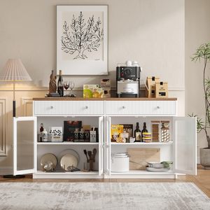 Buffet en bois de style campagnard avec port de charge, portes en acrylique cannelées, étagères réglables, bar <span class=keywords><strong>à</strong></span> <span class=keywords><strong>café</strong></span> écologique pour la cuisine - Product Image 3
