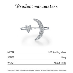 S925 Sterling Silver Delicate Moon and Star Zircon <b>Open</b> <b>Ring</b> Adjustable Stackable <b>Ring</b> for Women Daily Jewelry - Product Image 2