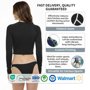 여성용 UPF 50+ 래쉬가드, 긴팔 크루넥 플랫락 심스 수영복 래쉬가드, 맞춤 나일론/스판덱스 수영복 크롭탑 - Product Image 3