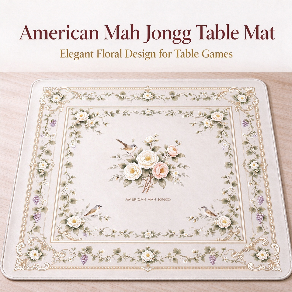 American Mahjong Table Mat Floral Bird Print Cream Square Non Slip ...