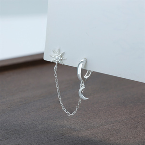 Nuevos y Modernos Pendientes de Aro con Borla de Cadena Larga de Plata de Ley 925, Estrella y Luna Doble con Circonita Cúbica - Product Image 2