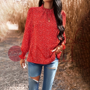 KISS ME ANGEL printemps et été tempérament trajet lanterne manches plissé imprimé fleuri à manches longues chemise ample <span class=keywords><strong>reine</strong></span> de bureau - Product Image 4