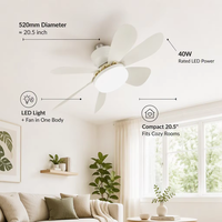 Ventilateur de plafond avec télécommande, 6 pales, 3 vitesses, lumière à intensité variable, LED 40W, 20,5 pouces, blanc, moderne, mini, pour chambre à coucher, salon, salle à manger