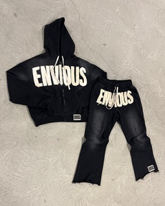 Tute da <span class=keywords><strong>Uomo</strong></span> Personalizzabili di Alta Qualità in Cotone Vintage con Zip e Patch, Pantaloni Sportivi Effetto Sbiadito e Usurato - Product Image 2