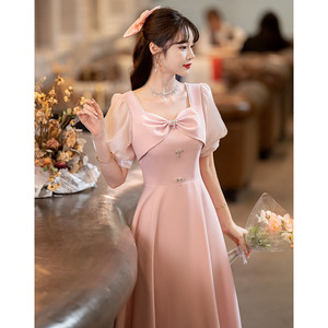 Pink A-Line Chiffon Bridesmaid Dress With Bow Sweetheart Neckline Mid-Length For Petite Women Summer Elegant Engagement Wear - Product Image 2