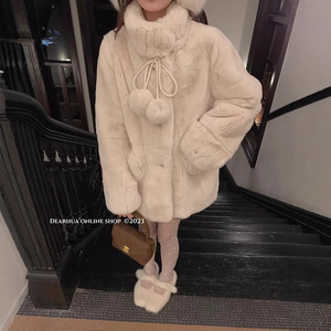 Faux Rabbit Fur Mid Length Coat Coconut Milk White Khaki Warm Autumn Winter Women's Outerwear - Product Image 3