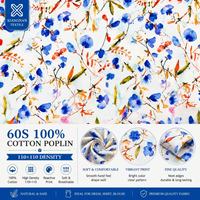 Tissu popeline de coton 60S imprimé numériquement, motif floral bleu, 110x110, tissu léger et respirant pour robe, chemisier, pyjama