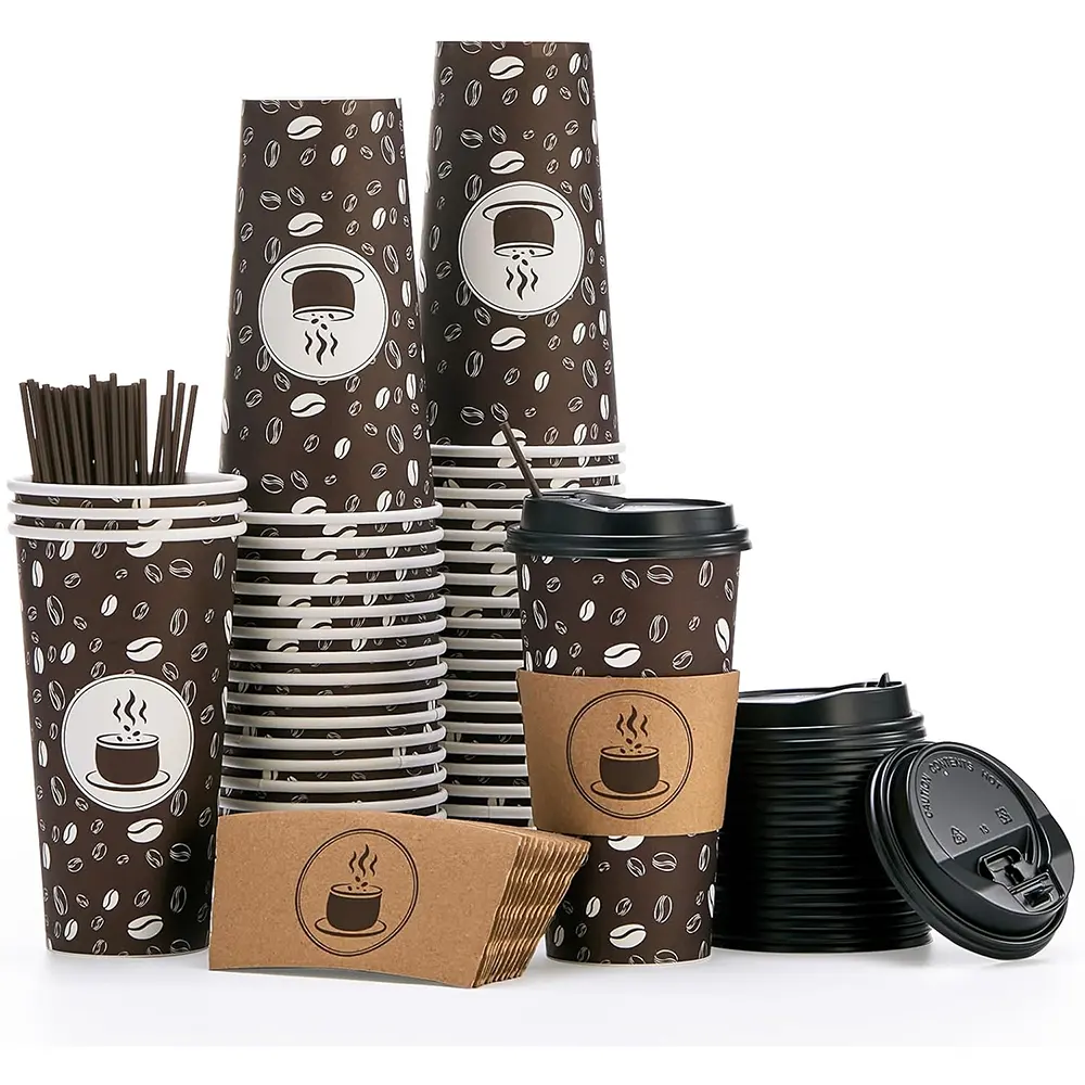 Disposable Coffee Cups with Lid Sleeve Straw 20oz Paper Coffee Cup Durable BPA Free Hot for Shop Cafe Concession Stand