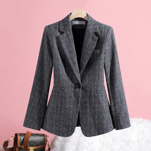 Women's Blazer Light Gray Stripe Polyester Anti-Wrinkle Spring Autumn Style - Product Image 2