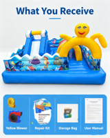Castillo Inflable Comercial con Tobogán y Obstáculos para Niños, Diseño de Pulpo Amarillo, Ecológico, Marca AIER
